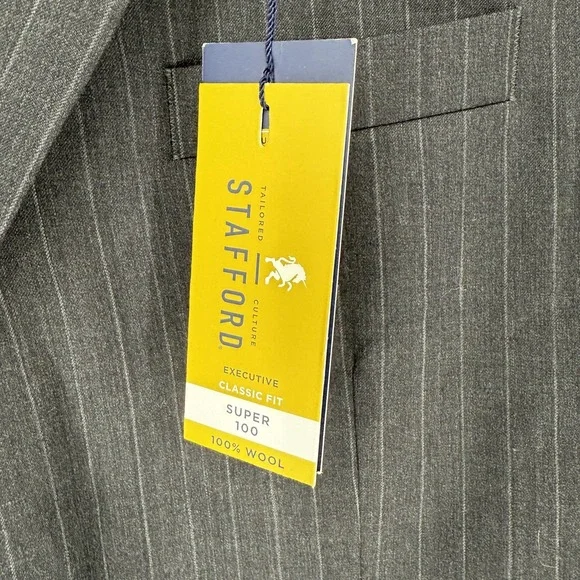 Stafford Blazer Mens 46R Charcoal Pinstripe 2 Button Classic Fit Super 100s Wool